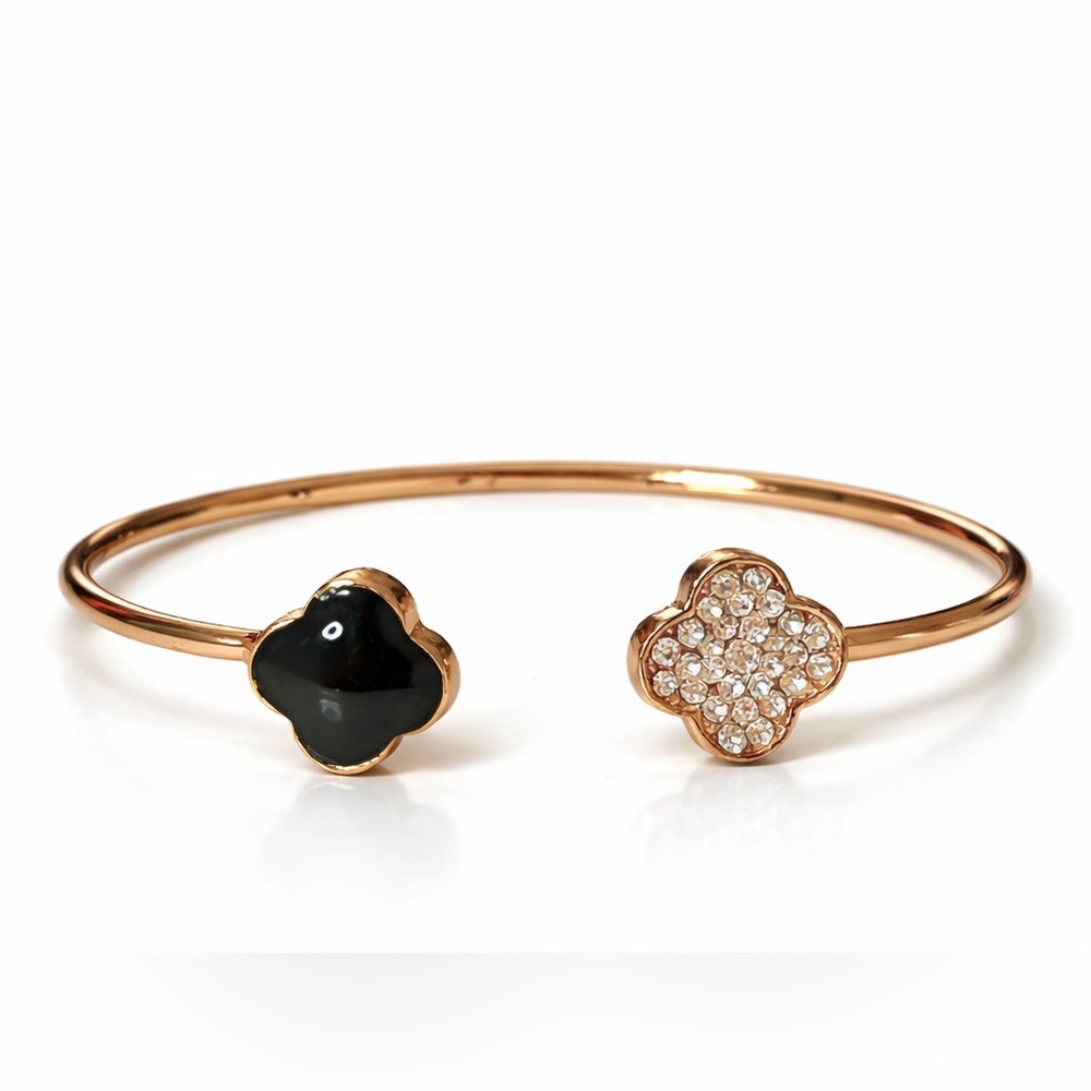 ✨Rose Gold Clover Open Cuff Bracelet / Black Enamel & Rhinestone 💎